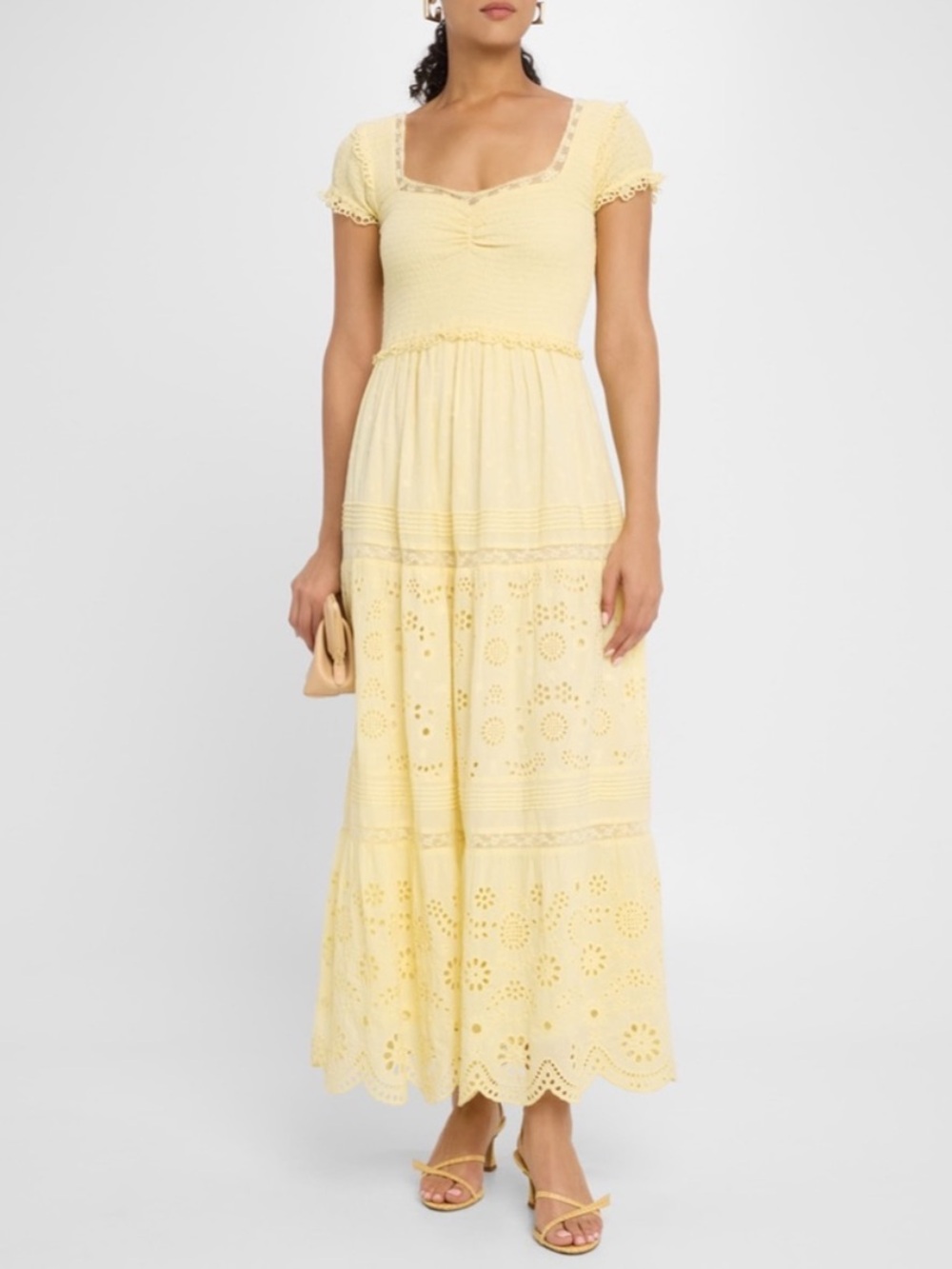 LoveShackFancy Bisolet Embroidered Maxi Dress Flowy Lace Yellow Citron Medium